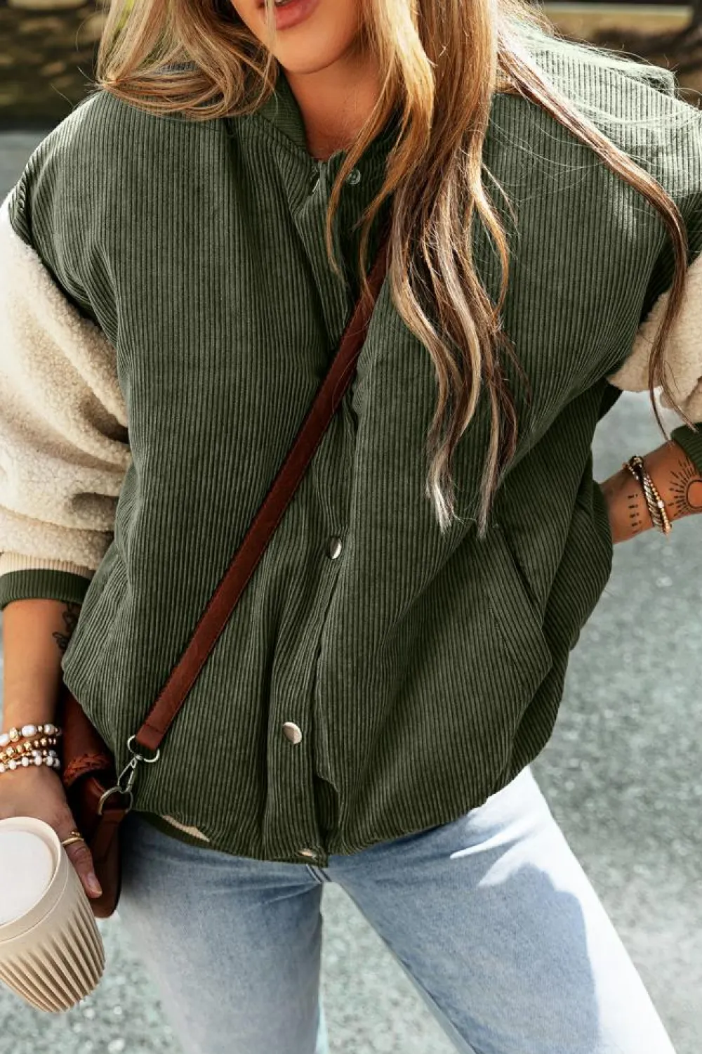 Clearance Dear-Lover Corduroy Fleece Patchwork Buttoned Bomber Jacket Mist Green