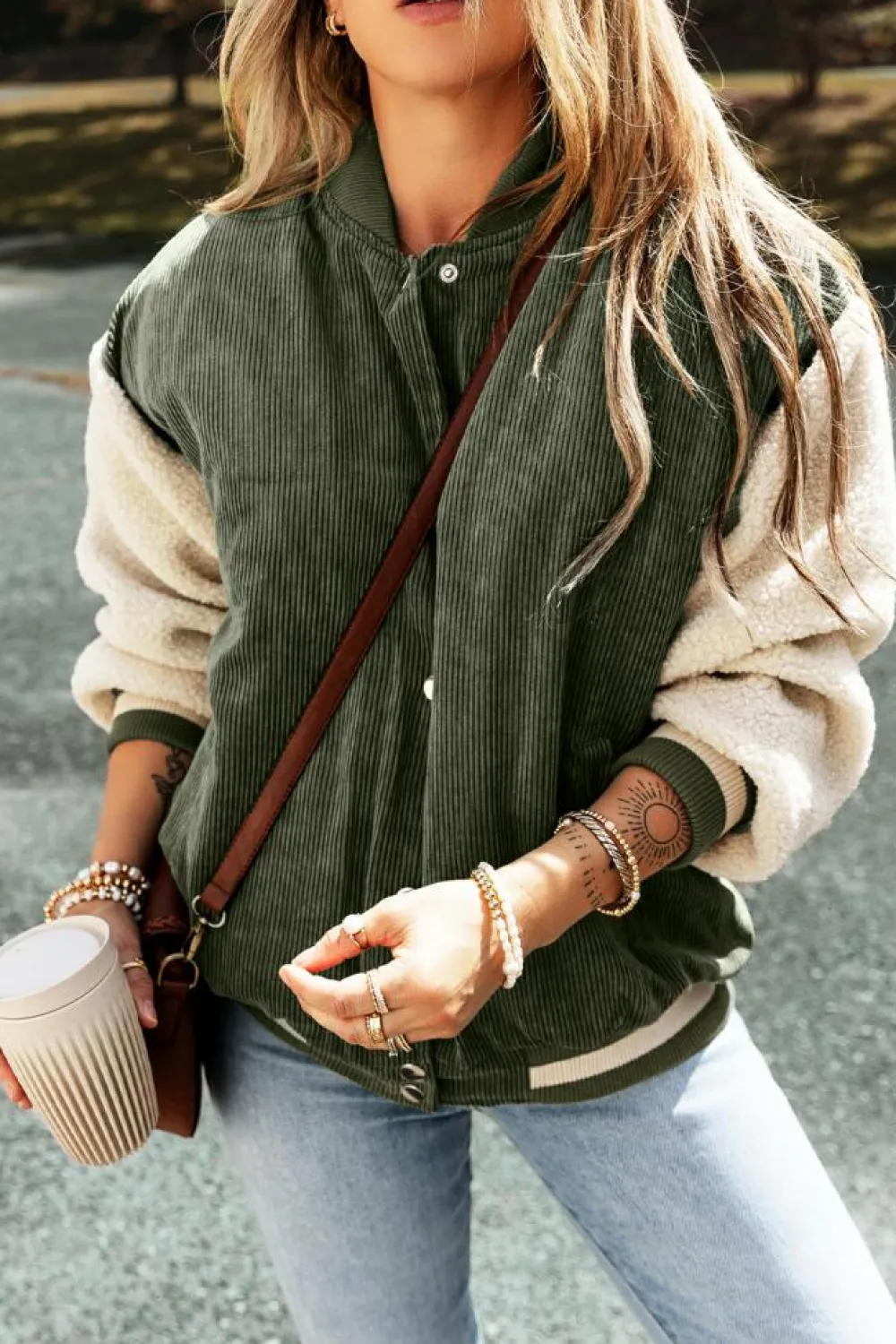 Clearance Dear-Lover Corduroy Fleece Patchwork Buttoned Bomber Jacket Mist Green