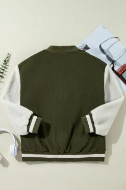 Clearance Dear-Lover Corduroy Fleece Patchwork Buttoned Bomber Jacket Mist Green