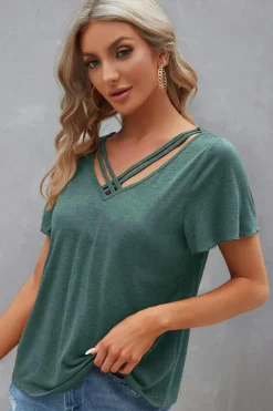 Hot Dear-Lover Crisscross V Neck Butterfly Sleeve T Shirt Mist Green