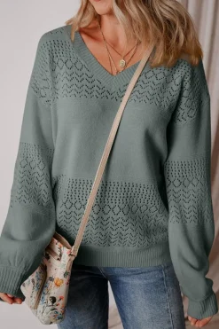 Outlet Dear-Lover Eyelet Pattern Detail V Neck Drop Shoulder Sweater Mist Green