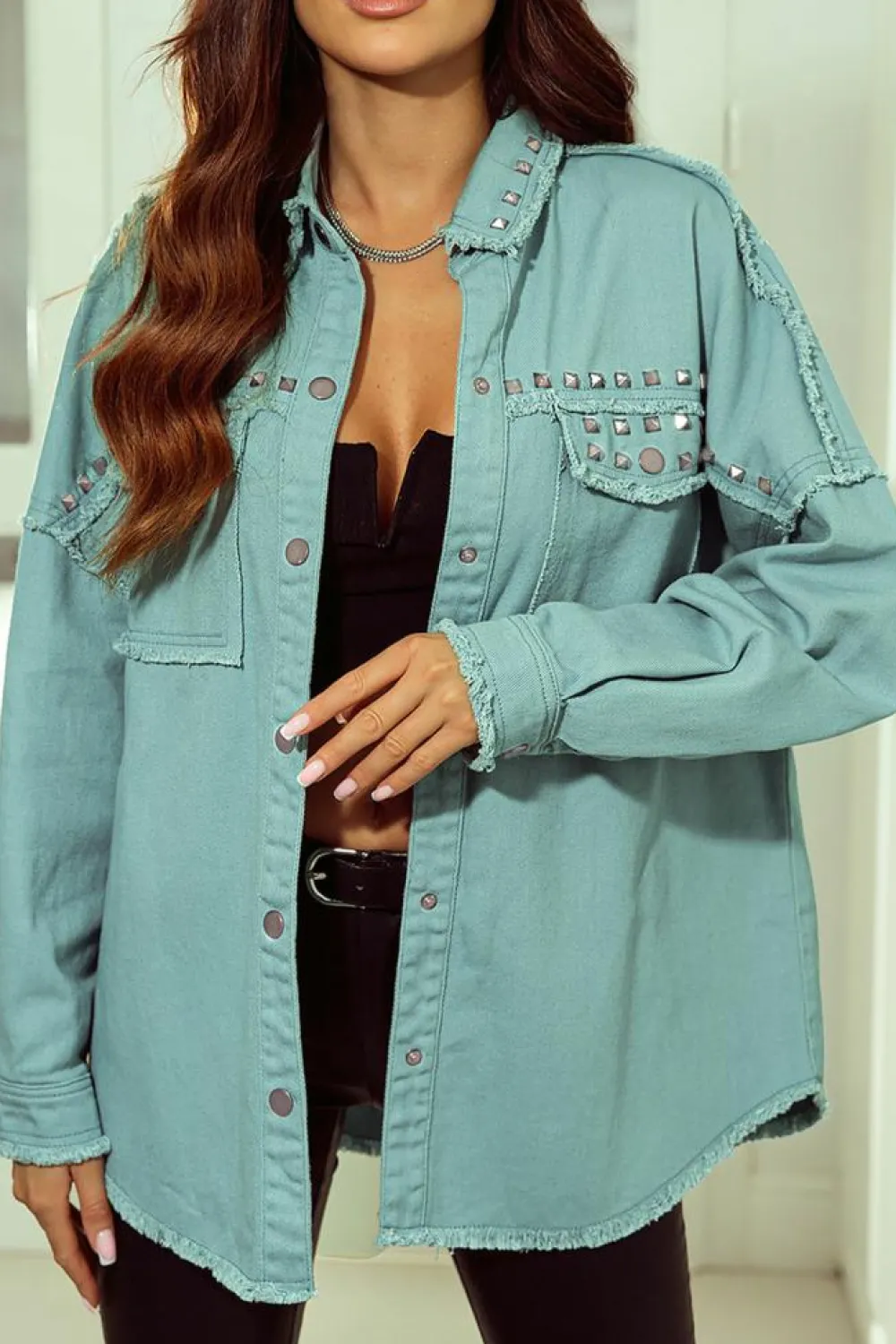Hot Dear-Lover Frayed Trim Riveted Denim Jacket Mist Green