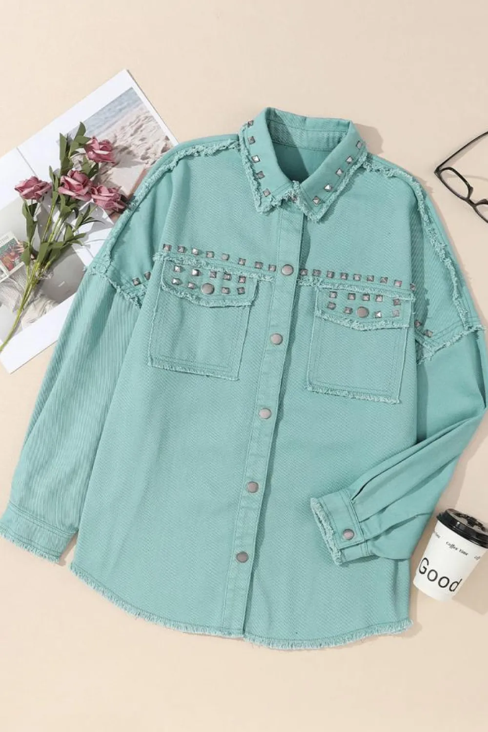 Hot Dear-Lover Frayed Trim Riveted Denim Jacket Mist Green