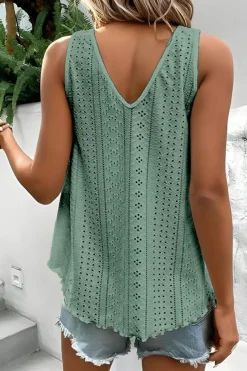 Hot Dear-Lover Lace Crochet Splicing V Neck Loose Fit Tank Top Mist Green