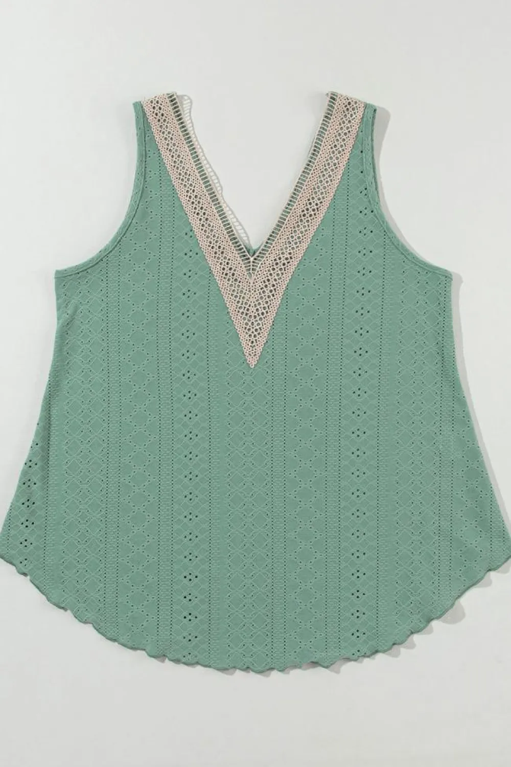 Hot Dear-Lover Lace Crochet Splicing V Neck Loose Fit Tank Top Mist Green