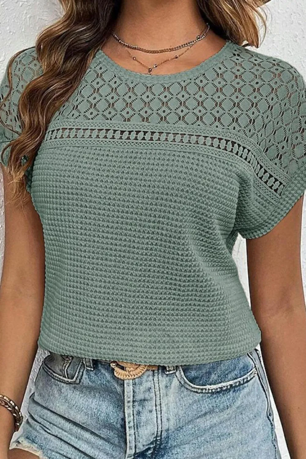 Clearance Dear-Lover Lace Patchwork Waffle Short Sleeve Top Mist Green