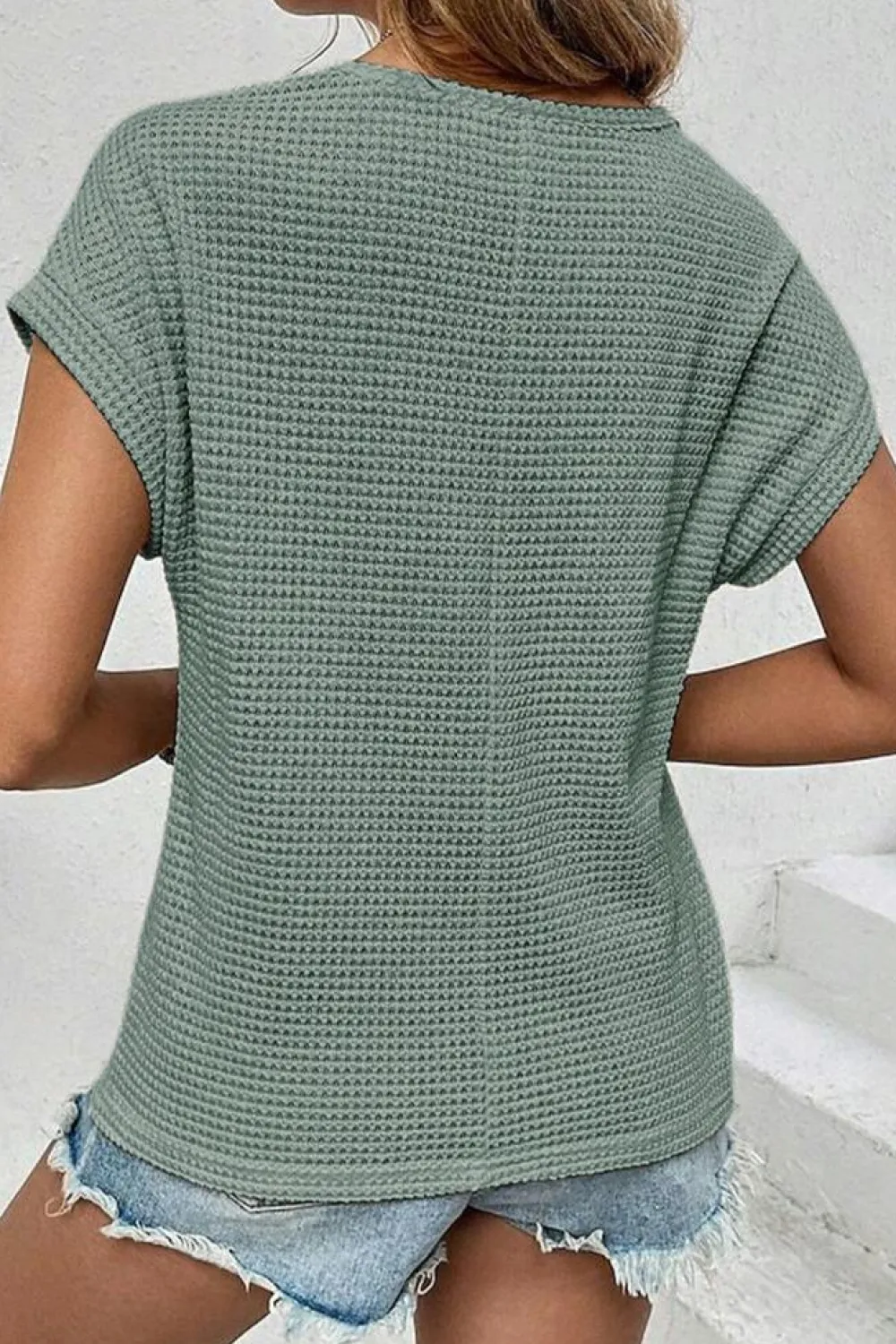 Clearance Dear-Lover Lace Patchwork Waffle Short Sleeve Top Mist Green