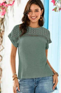 Clearance Dear-Lover Lace Patchwork Waffle Short Sleeve Top Mist Green
