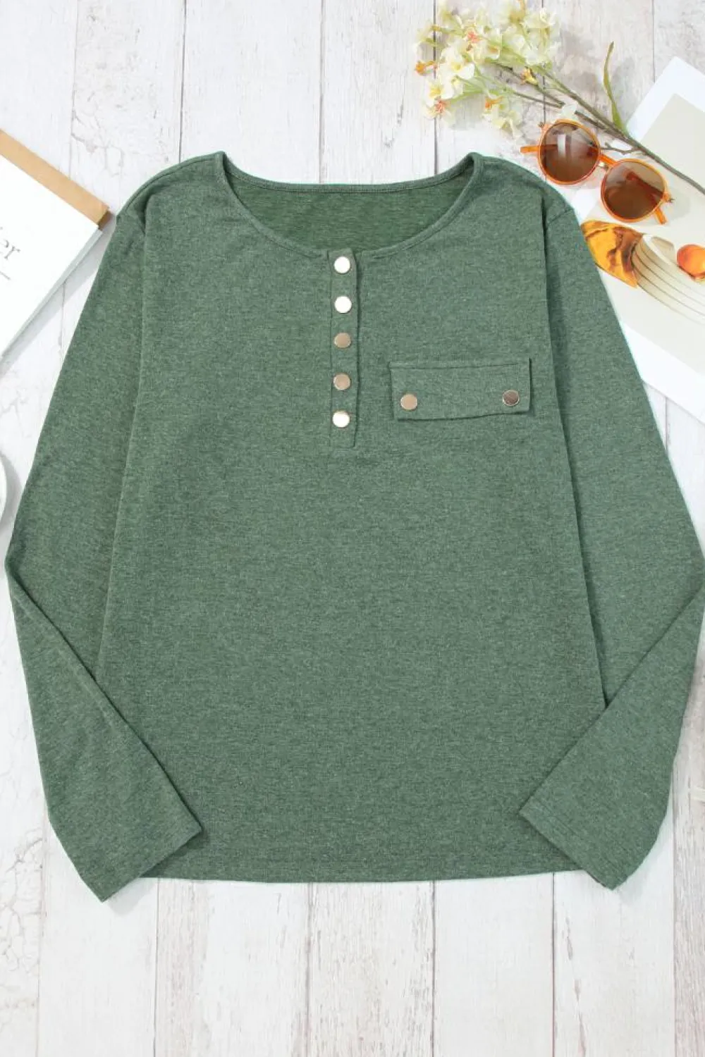 Hot Dear-Lover Long Sleeve Snap Button Henley Top Mist Green