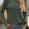 Clearance Dear-Lover Ribbed Long Sleeve Buttoned Strap V Neck Top Mist Green