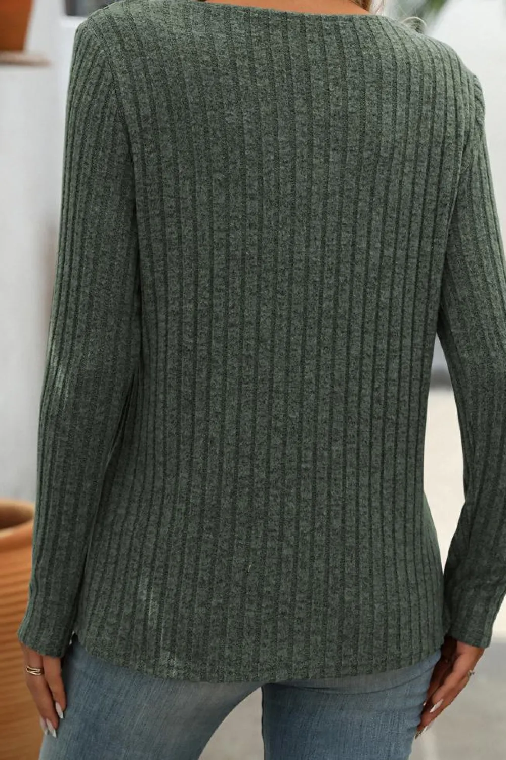 Clearance Dear-Lover Ribbed Long Sleeve Buttoned Strap V Neck Top Mist Green