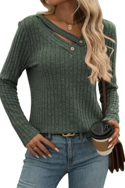 Clearance Dear-Lover Ribbed Long Sleeve Buttoned Strap V Neck Top Mist Green