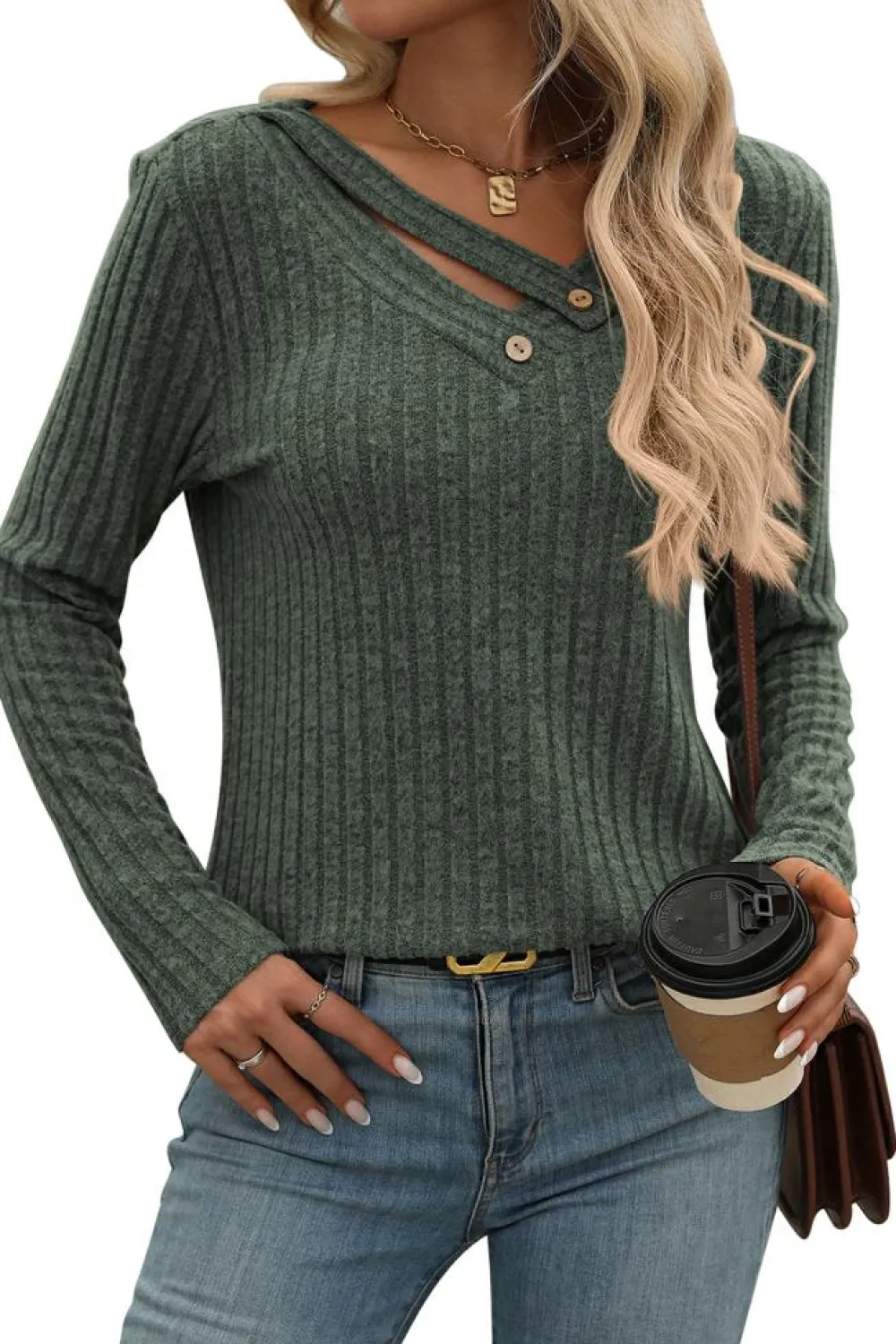 Clearance Dear-Lover Ribbed Long Sleeve Buttoned Strap V Neck Top Mist Green