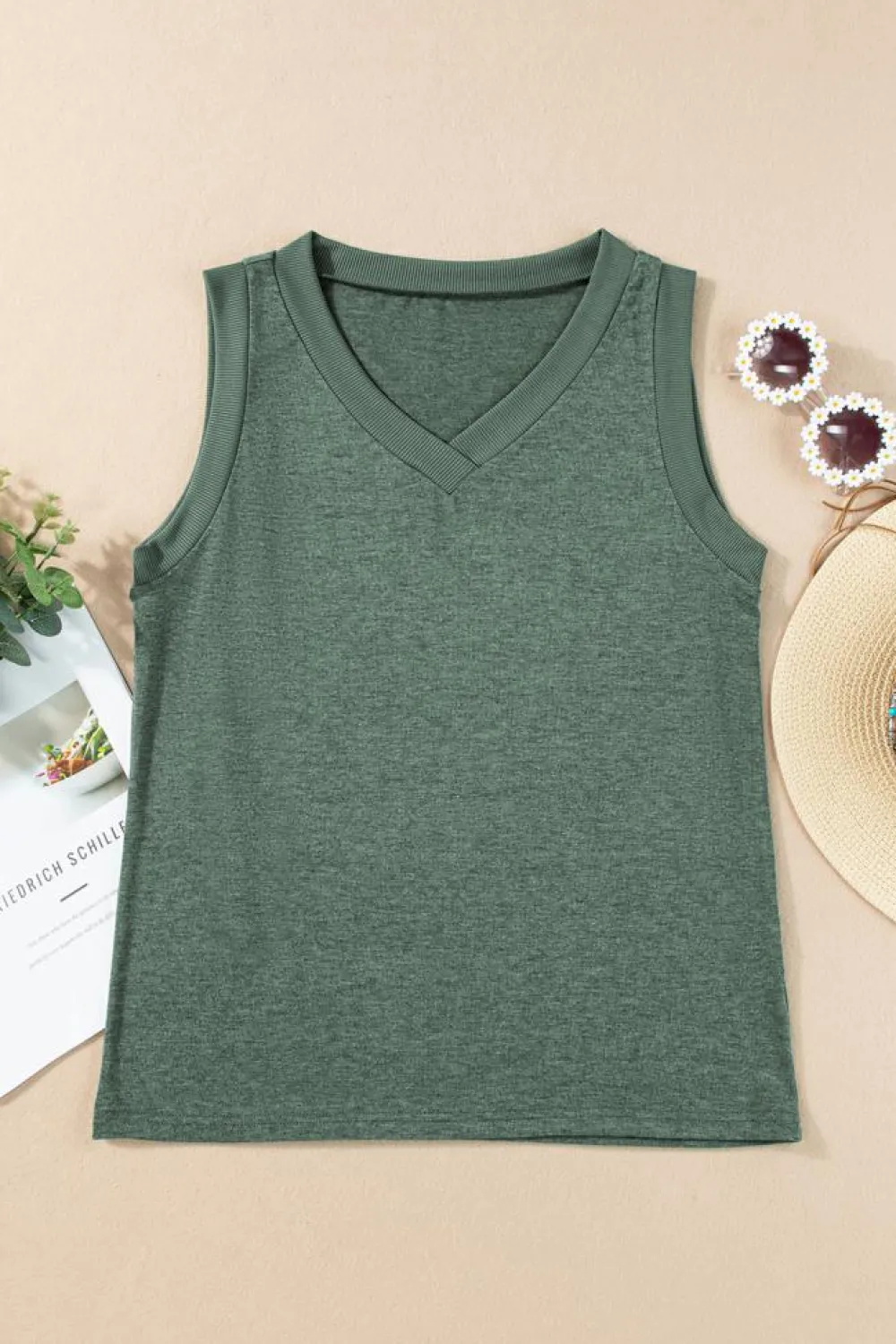 Hot Dear-Lover Ribbed V Neck Tank Mist Green