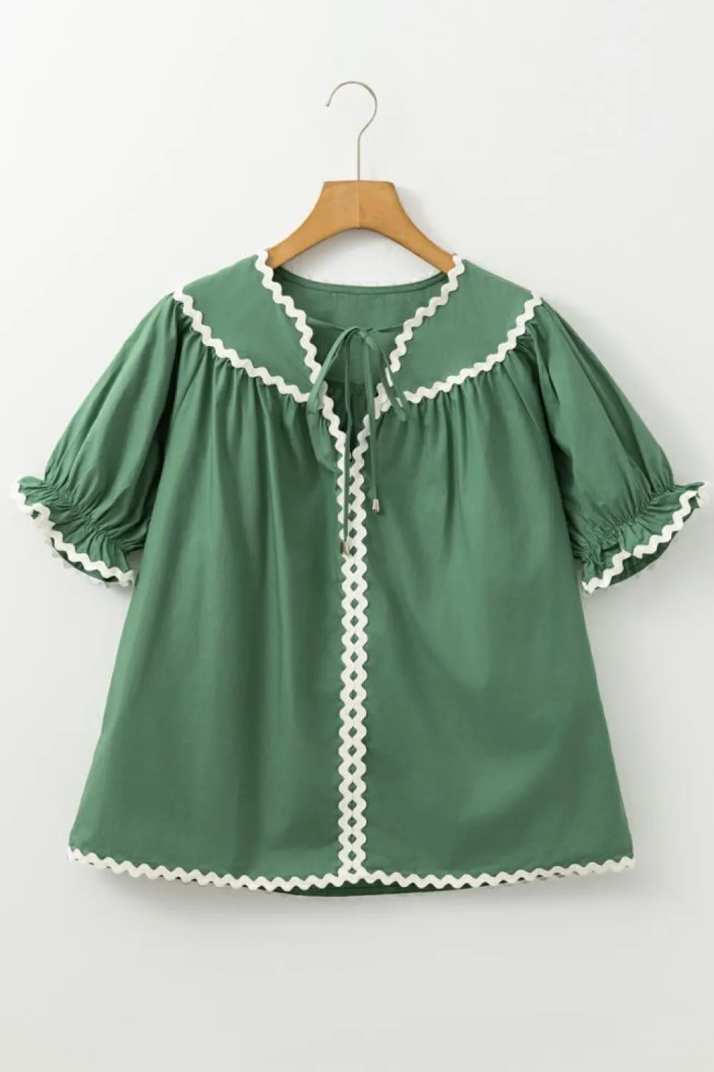 Online Dear-Lover Ric Rac Trim Tie Split Neck Short Sleeve Blouse Mist Green
