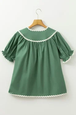 Online Dear-Lover Ric Rac Trim Tie Split Neck Short Sleeve Blouse Mist Green