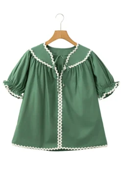 Online Dear-Lover Ric Rac Trim Tie Split Neck Short Sleeve Blouse Mist Green