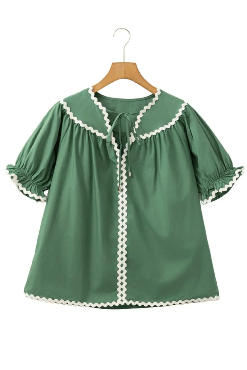 Online Dear-Lover Ric Rac Trim Tie Split Neck Short Sleeve Blouse Mist Green
