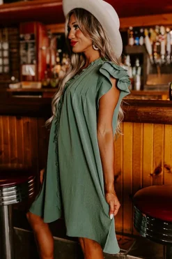 Sale Dear-Lover Ruffle Sleeve V Neck Frilled Shift Dress Mist Green