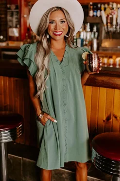 Sale Dear-Lover Ruffle Sleeve V Neck Frilled Shift Dress Mist Green