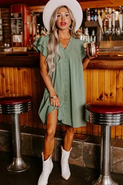 Sale Dear-Lover Ruffle Sleeve V Neck Frilled Shift Dress Mist Green