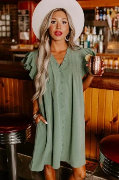 Sale Dear-Lover Ruffle Sleeve V Neck Frilled Shift Dress Mist Green