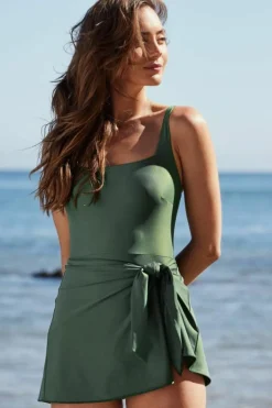 Best Dear-Lover Side Tied Waist Square Neck Adjustable Straps A-line One Piece Swim Dress Mist Green