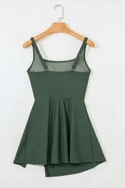 Best Dear-Lover Side Tied Waist Square Neck Adjustable Straps A-line One Piece Swim Dress Mist Green