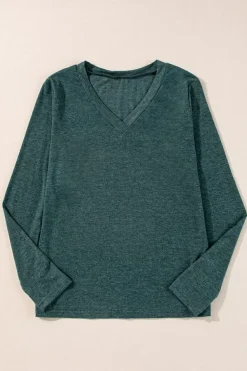 Discount Dear-Lover Solid Color Long Sleeve V Neck Top Mist Green