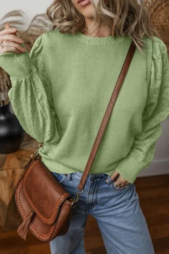 Sale Dear-Lover Solid Patchwork Sleeve Round Neck Sweatshirt Mist Green