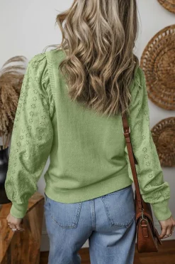 Sale Dear-Lover Solid Patchwork Sleeve Round Neck Sweatshirt Mist Green