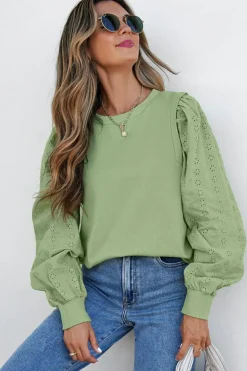Sale Dear-Lover Solid Patchwork Sleeve Round Neck Sweatshirt Mist Green