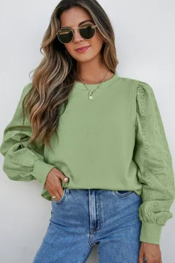 Sale Dear-Lover Solid Patchwork Sleeve Round Neck Sweatshirt Mist Green