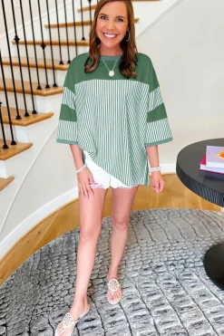 Discount Dear-Lover Striped Patchwork 3/4 Sleeve Casual Top Mist Green