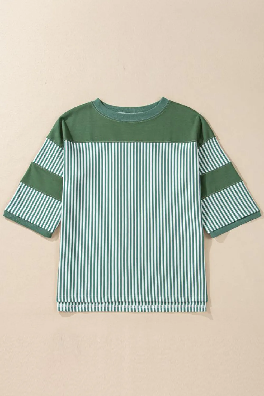 Discount Dear-Lover Striped Patchwork 3/4 Sleeve Casual Top Mist Green