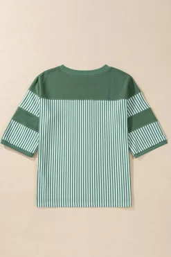 Discount Dear-Lover Striped Patchwork 3/4 Sleeve Casual Top Mist Green