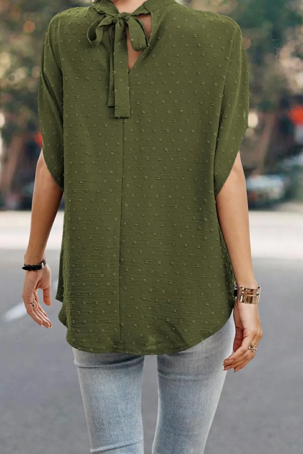 Hot Dear-Lover Swiss Dot Mock Neck Batwing Sleeve Blouse Mist Green