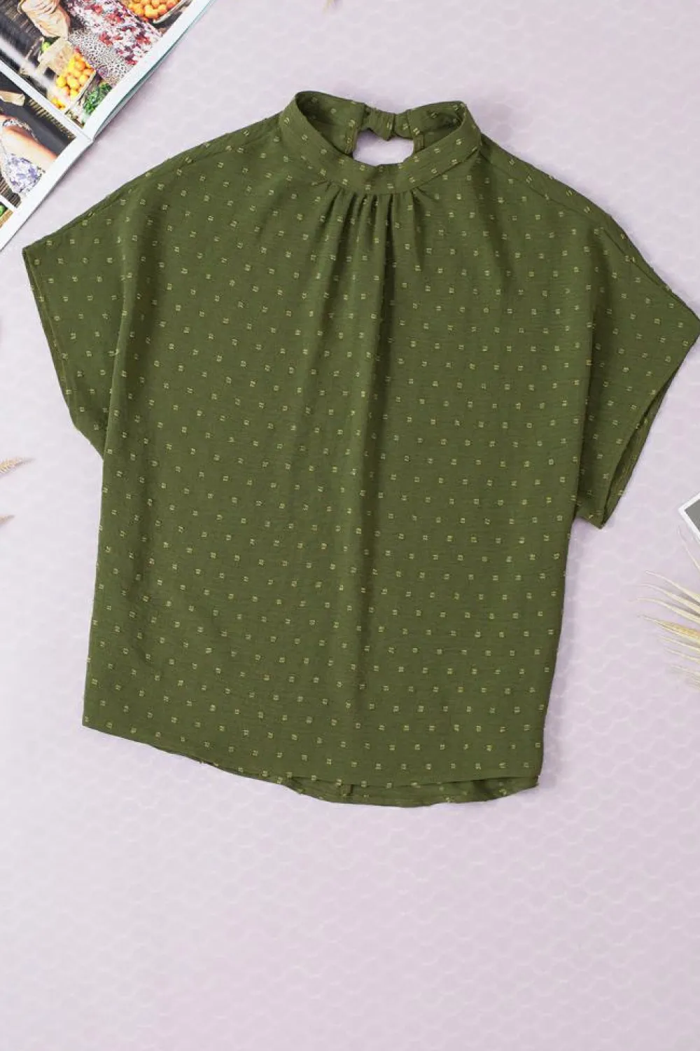 Hot Dear-Lover Swiss Dot Mock Neck Batwing Sleeve Blouse Mist Green