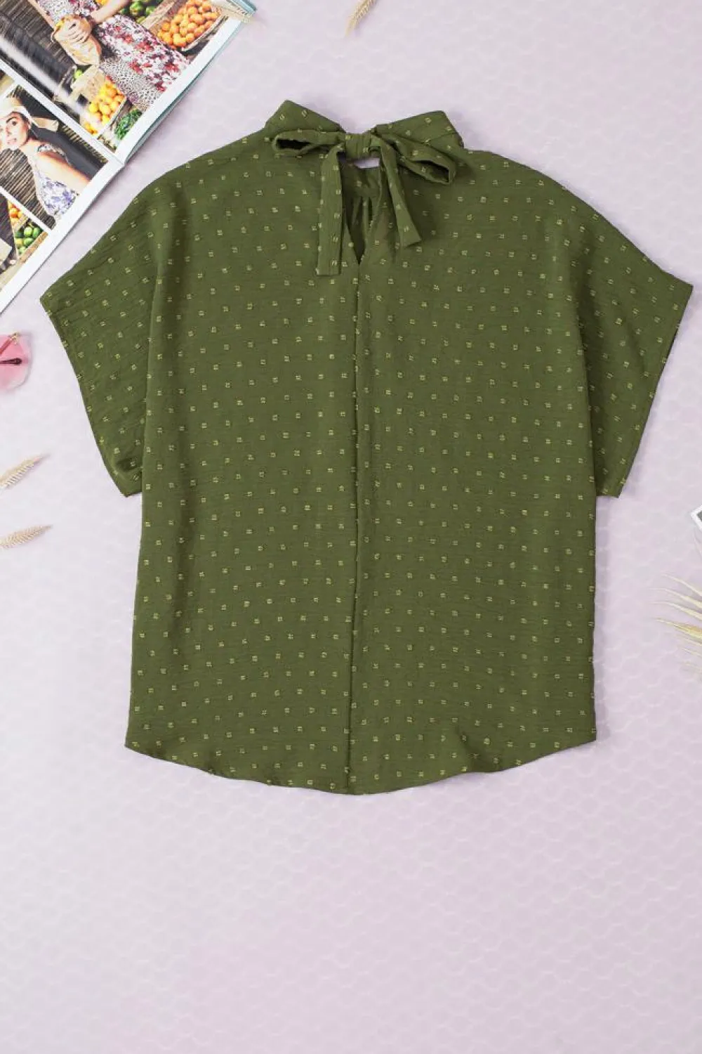 Hot Dear-Lover Swiss Dot Mock Neck Batwing Sleeve Blouse Mist Green