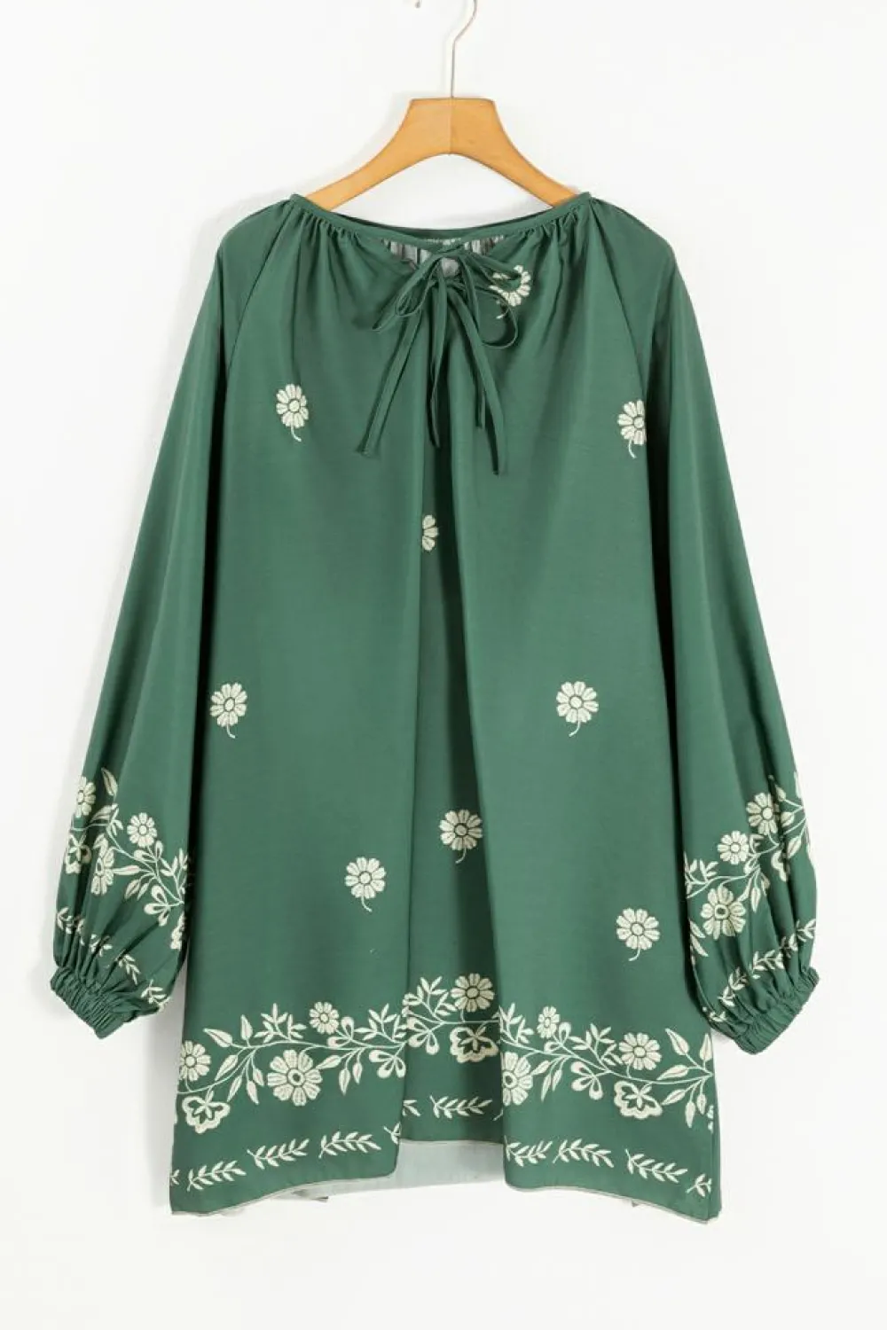 Fashion Dear-Lover Tie Neck Boho Floral Pattern Puff Sleeve Shift Dress Mist Green