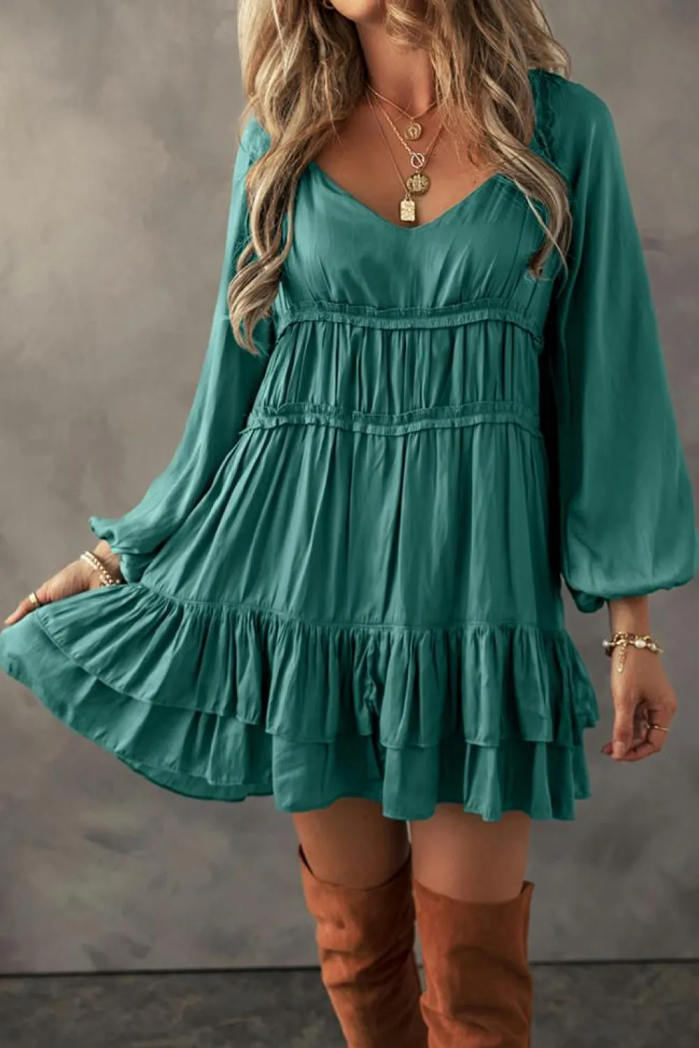 Hot Dear-Lover Tiered Ruffled Puff Sleeve Loose Fit Mini Dress Mist Green