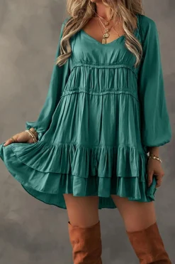 Hot Dear-Lover Tiered Ruffled Puff Sleeve Loose Fit Mini Dress Mist Green