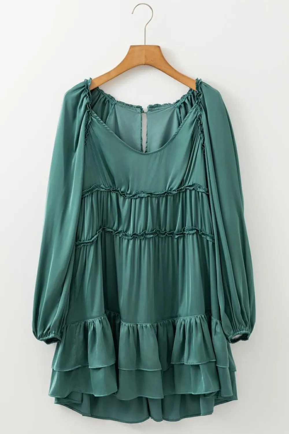 Hot Dear-Lover Tiered Ruffled Puff Sleeve Loose Fit Mini Dress Mist Green