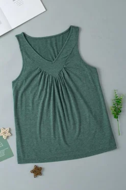 Clearance Dear-Lover V Neck Ruched Tank Top Mist Green