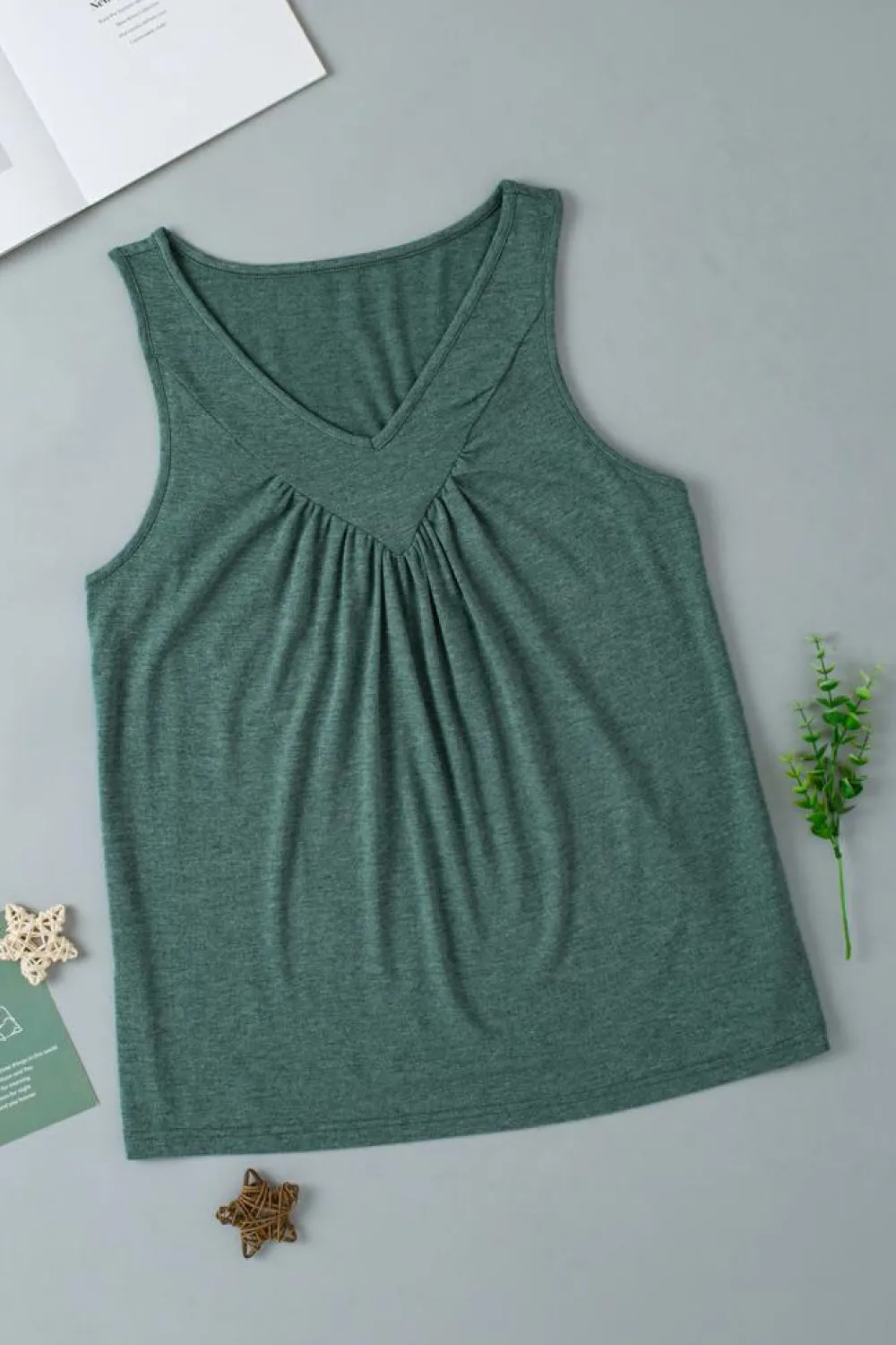 Clearance Dear-Lover V Neck Ruched Tank Top Mist Green