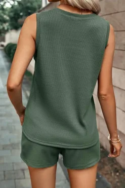 Sale Dear-Lover Waffle Knit Patched Pocket Tank and Drawstring Shorts Set Mist Green
