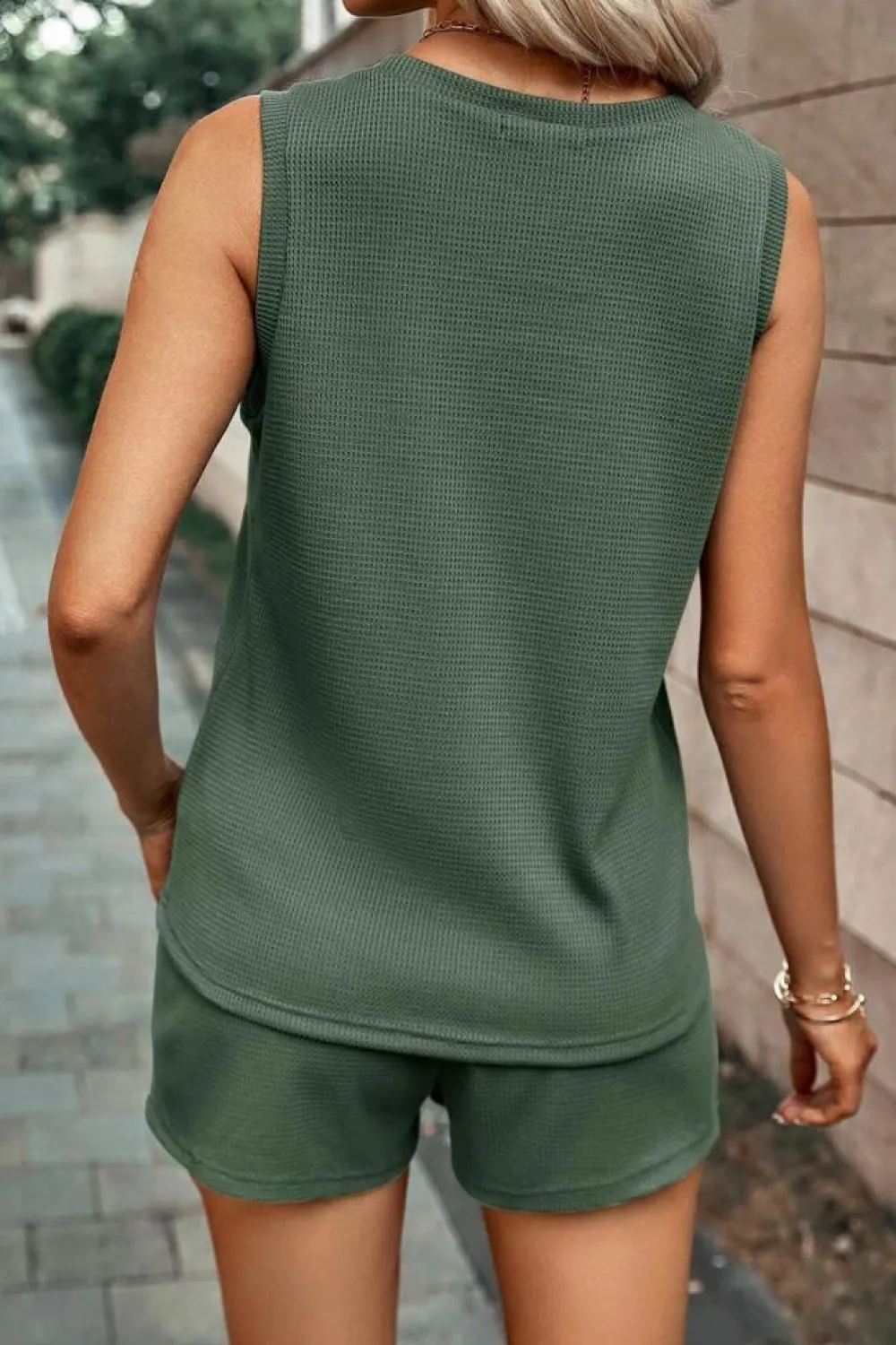Sale Dear-Lover Waffle Knit Patched Pocket Tank and Drawstring Shorts Set Mist Green