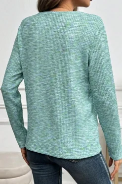 New Dear-Lover Buttoned V Neck Textured Knit Long Sleeve Top Moonlight Jade