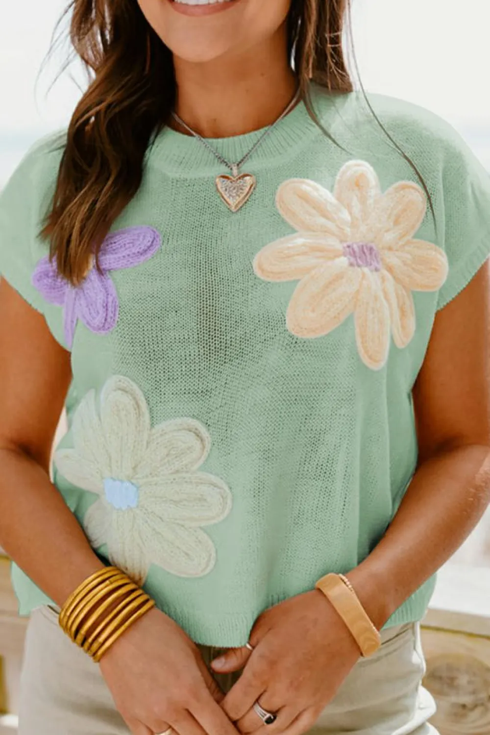 Online Dear-Lover Multi Crochet Flower Knit Short Sleeve Sweater Top Moonlight Jade