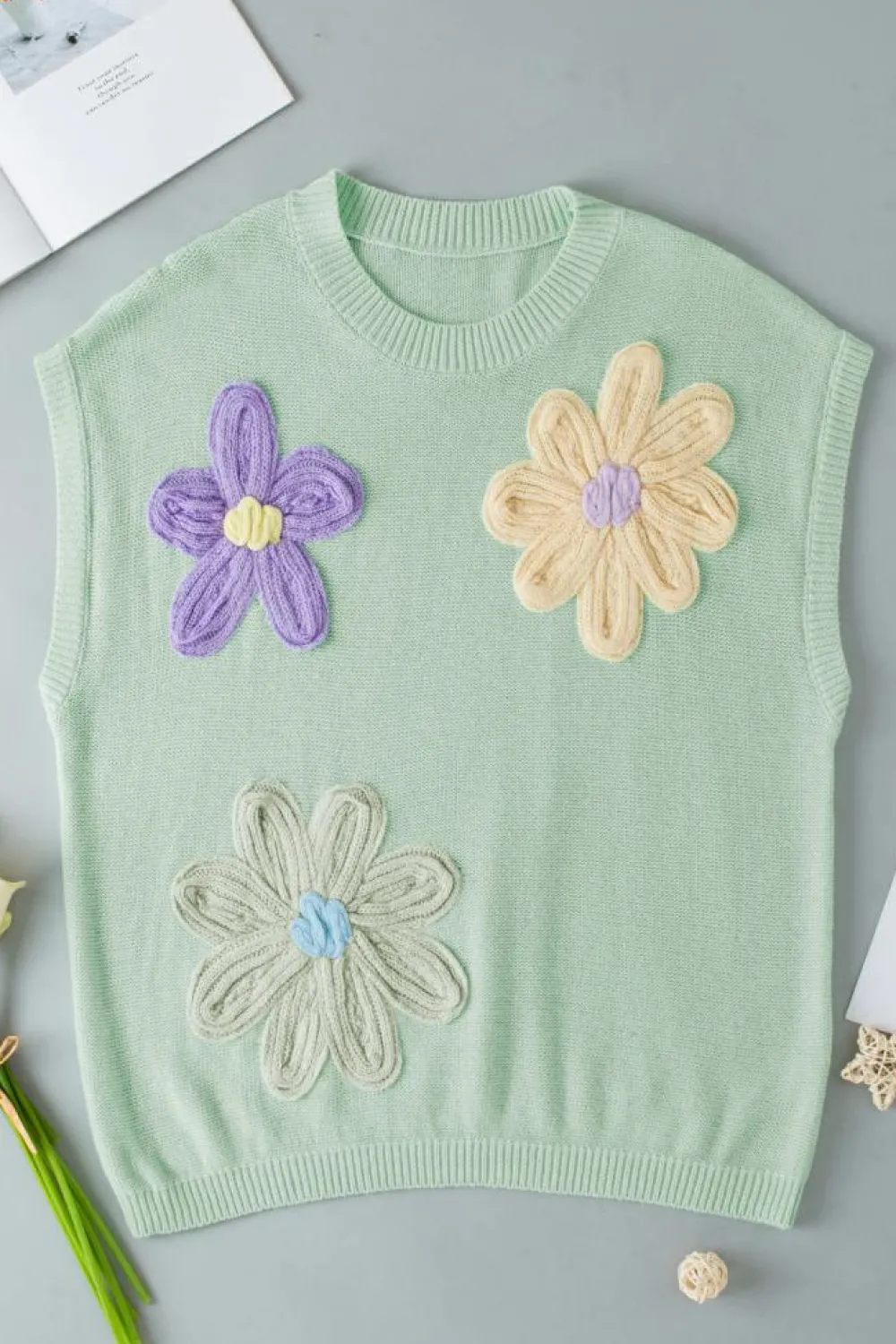 Online Dear-Lover Multi Crochet Flower Knit Short Sleeve Sweater Top Moonlight Jade